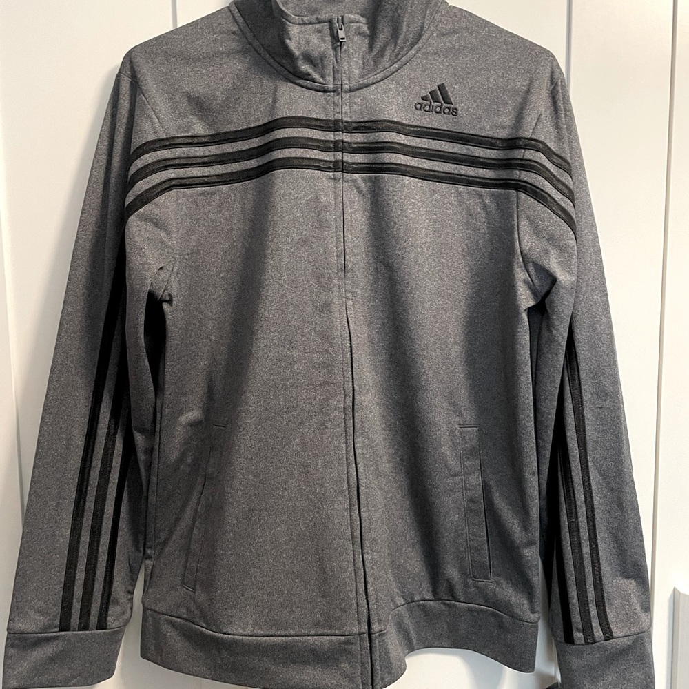 Adidas track jacket. Gray with black stripes. Boys size xl